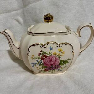 HTF Vintage Sadler England Large Cube Teapot Pink Rose Floral Gold Gilt – 9”